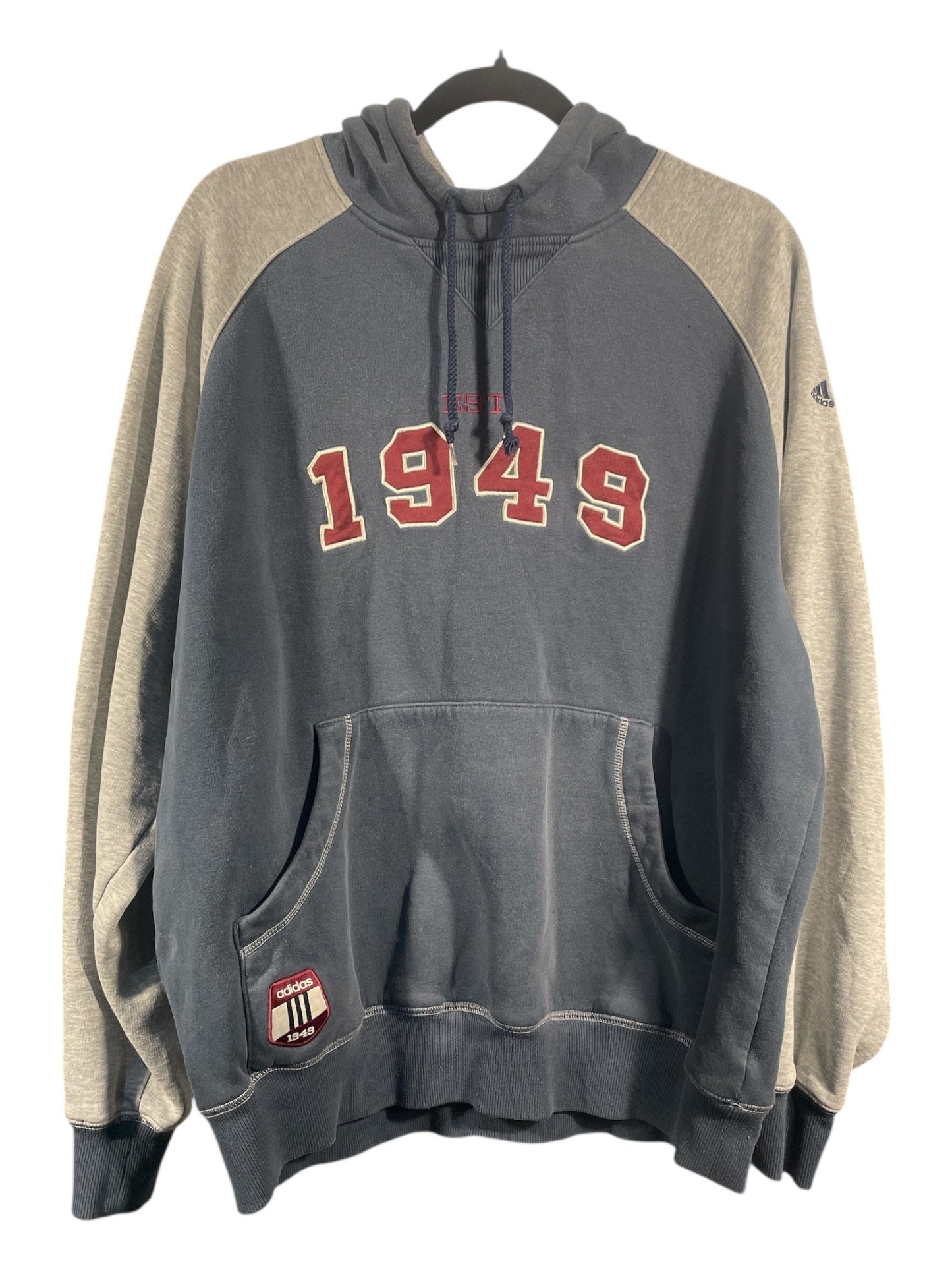 Vintage Adidas "EST. 1949" Collegiate Hoodie - Blue/Grey Two-Tone - Mens Large