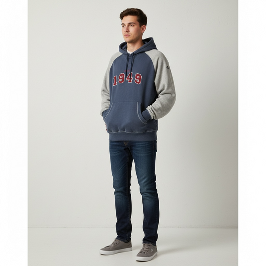 Vintage Adidas "EST. 1949" Collegiate Hoodie - Blue/Grey Two-Tone - Mens Large