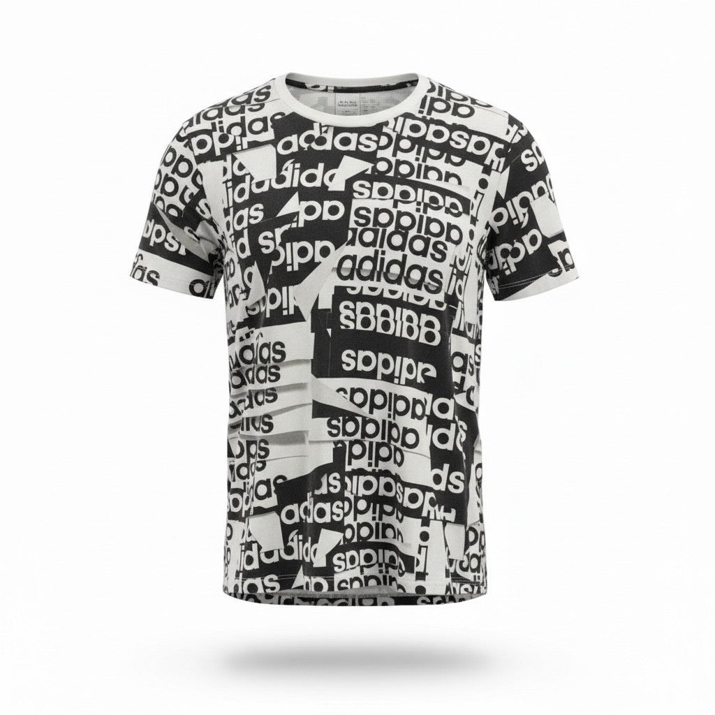 Adidas All-Over Logo Print T-Shirt – Black & White – Pre-Loved