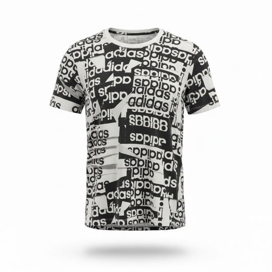 Adidas All-Over Logo Print T-Shirt – Black & White – Pre-Loved