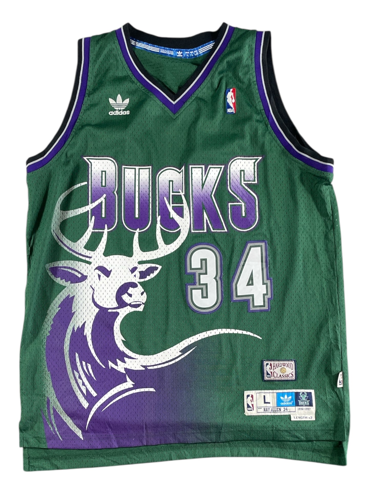 Vintage - Ray Allen #34 Milwaukee Bucks 1996–97 Adidas Hardwood Classics Jersey – Green Vintage NBA – Size L (+2 Length)
