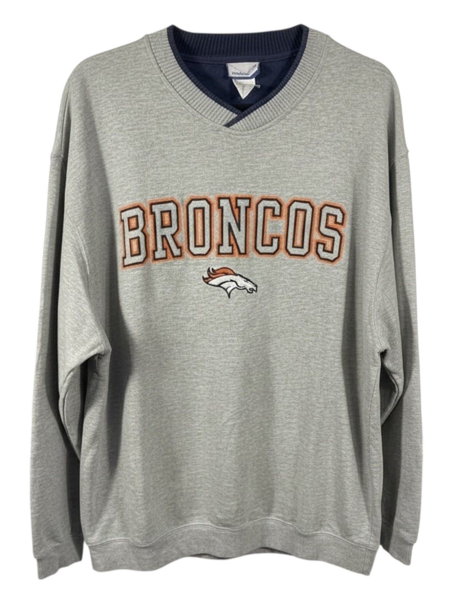 Vintage Denver Broncos Reebok NFL Sweatshirt - Grey V-Neck - Men's XL - Y2K