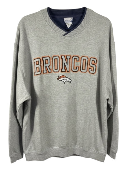 Vintage Denver Broncos Reebok NFL Sweatshirt - Grey V-Neck - Men's XL - Y2K