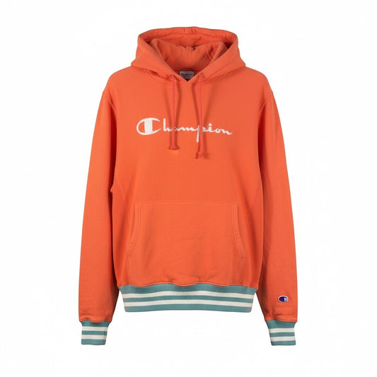 Champion Script Logo Hoodie – Orange & Teal Ribbed Hem (Pre-Loved)