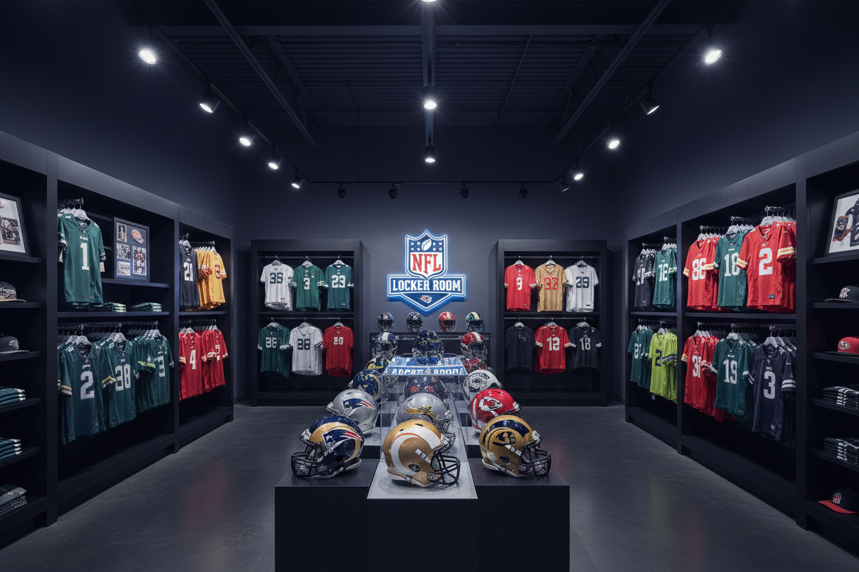 dark shop with NFL gear 